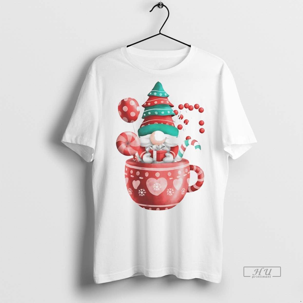 Officials Christmas Gnome In Red Cup Candy Cane Tree White Graphic Tee Shirt Sweater