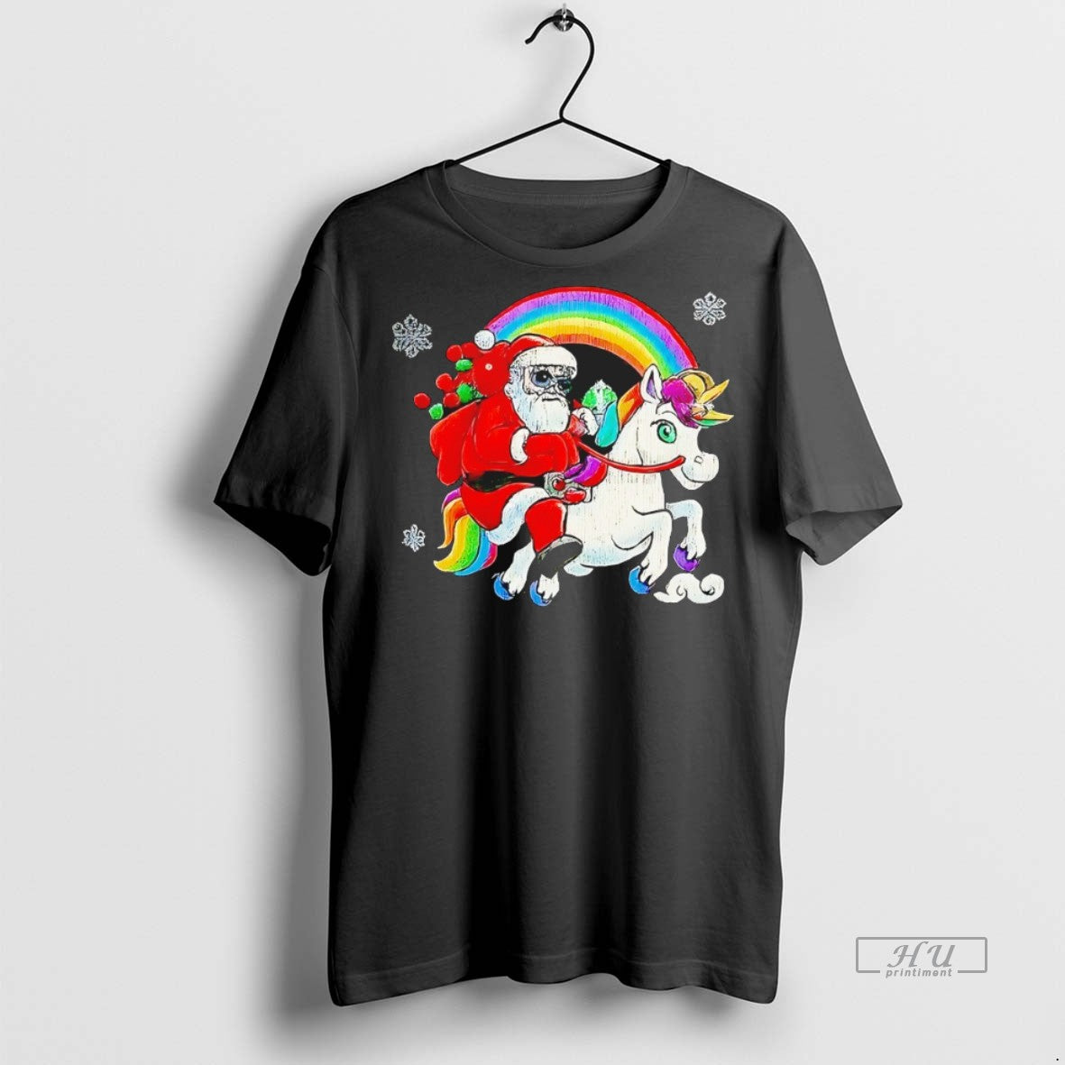 Officials Cool Santa On Rainbow Unicorn Christmas Graphic Tee Shirt Sweater