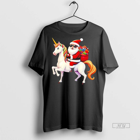 Officials Cool Santa Riding Unicorn With Gifts Rainbow Christmas Graphic Tee Shirt Sweater
