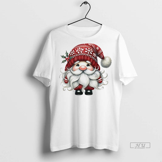 Officials Gnome In Red Snowflake Hat Holly Berries Holiday Christmas White Graphic Tee Shirt Sweater