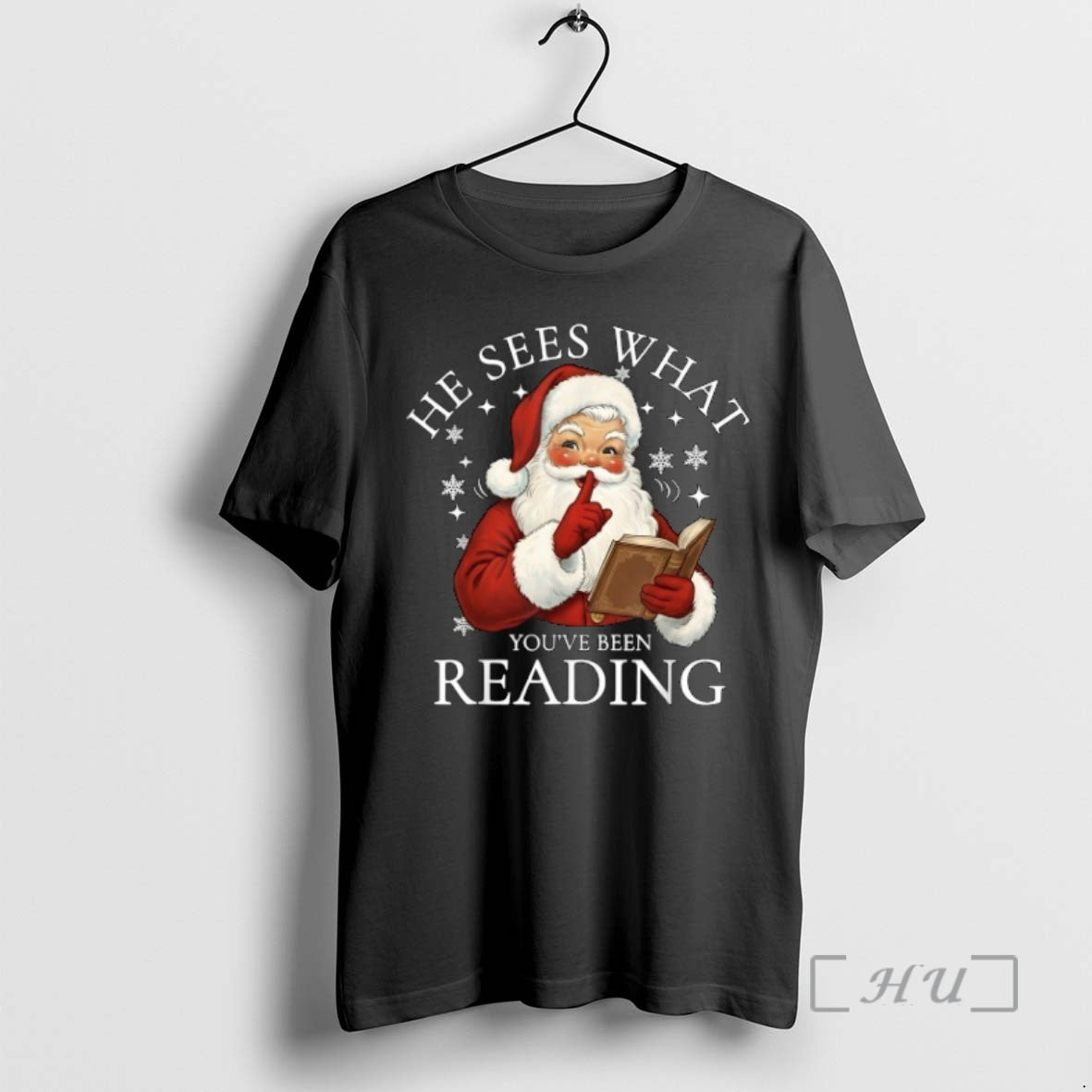 Officials He Sees What Youve Been Reading Santa Claus Bookish Christmas T Shirt Sweater