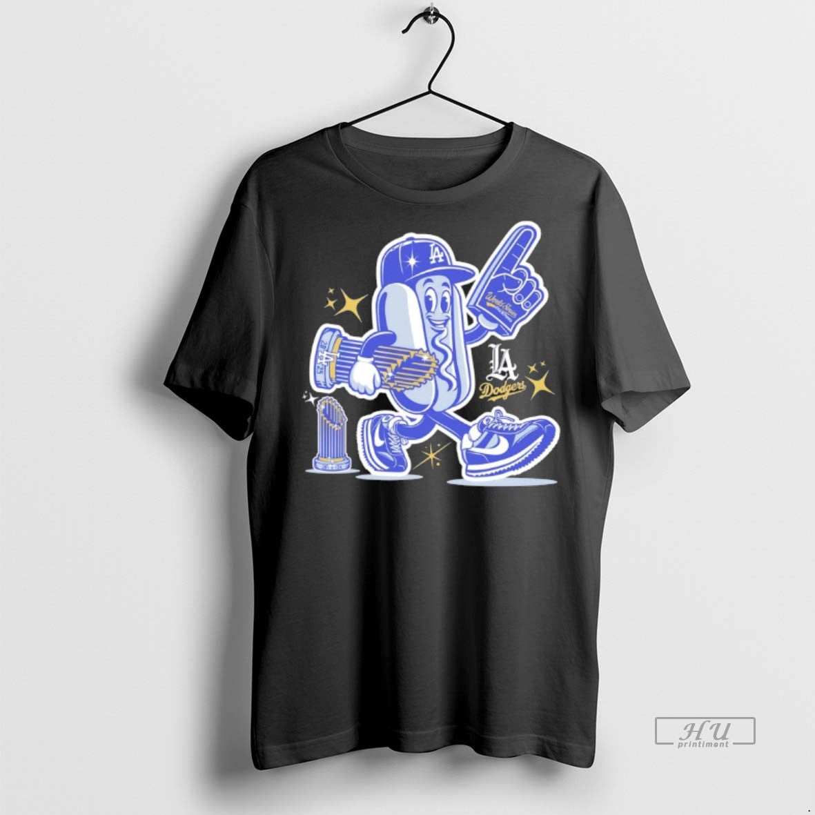 Officials La Dodgers Hot Dog Mascot 2025 World Series Champions Trophy Premium Tee Shirt Sweater