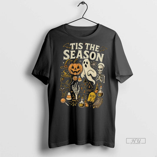 Officials Retro Tis The Season Skeleton Pumpkin Ghost Halloween Tee Shirt Sweater