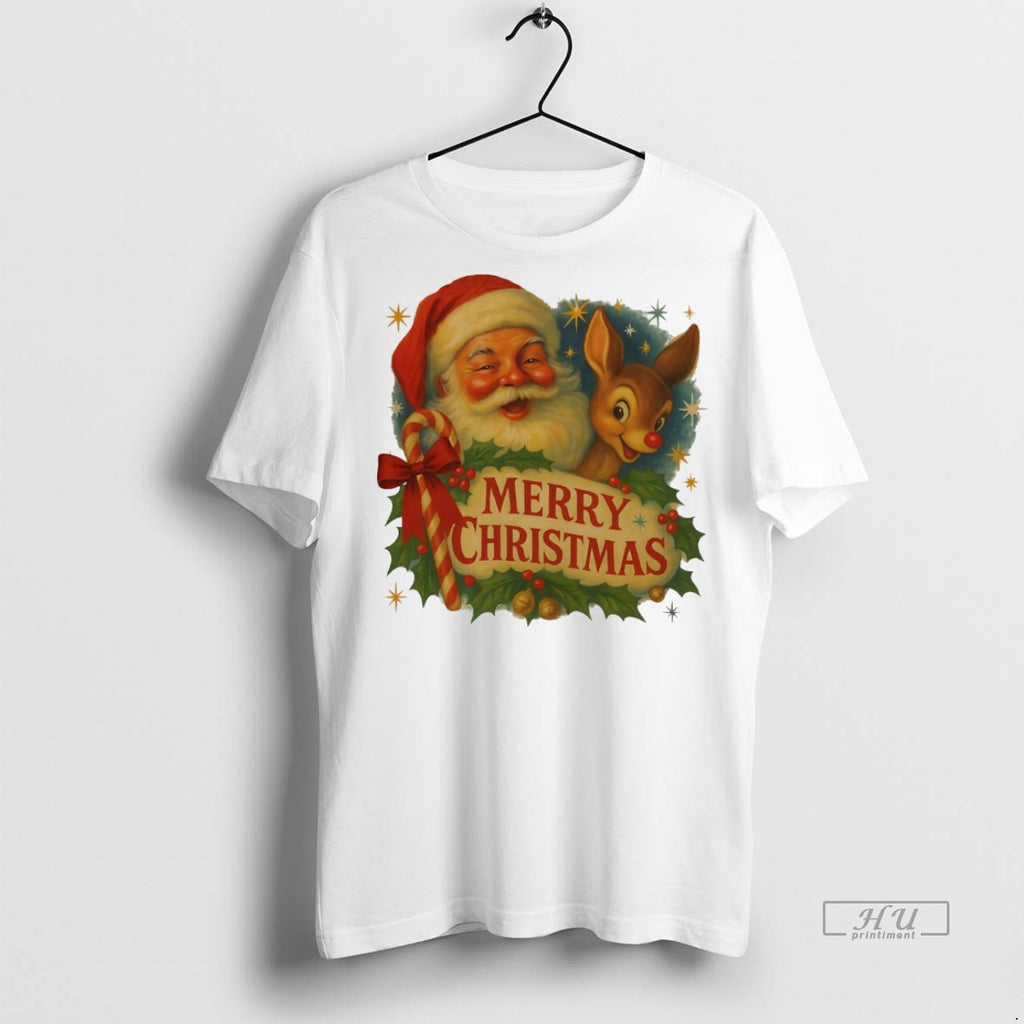Officials Santa And Rudolph Candy Cane Merry Christmas White Tee Shirt Sweater