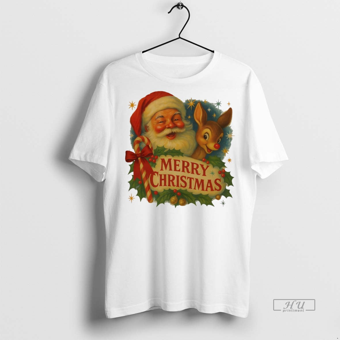 Officials Santa And Rudolph Candy Cane Merry Christmas White Tee Shirt Sweater