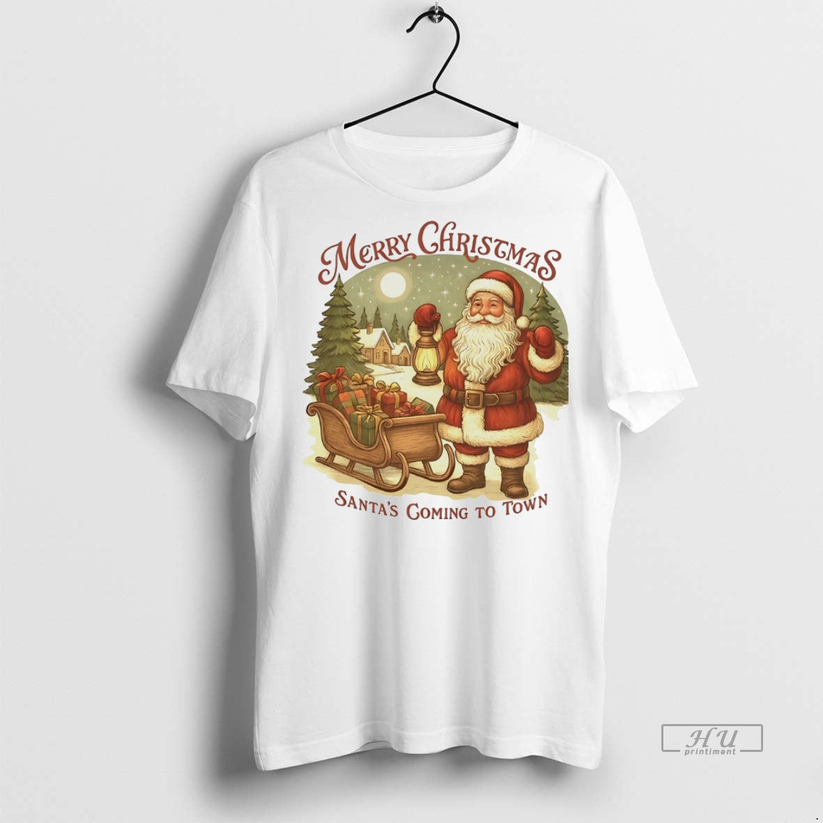 Officials Santas Coming To Town Christmas Scene White Tee Shirt Sweater