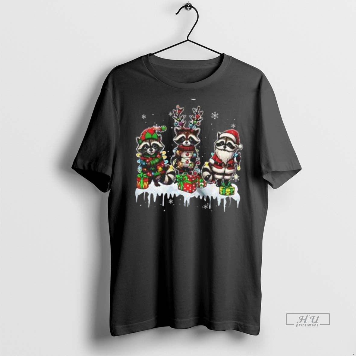 Officials Three Elf Reindeer Santa Raccoons Lovely Christmas Lights Animal Premium Tee Shirt Sweater
