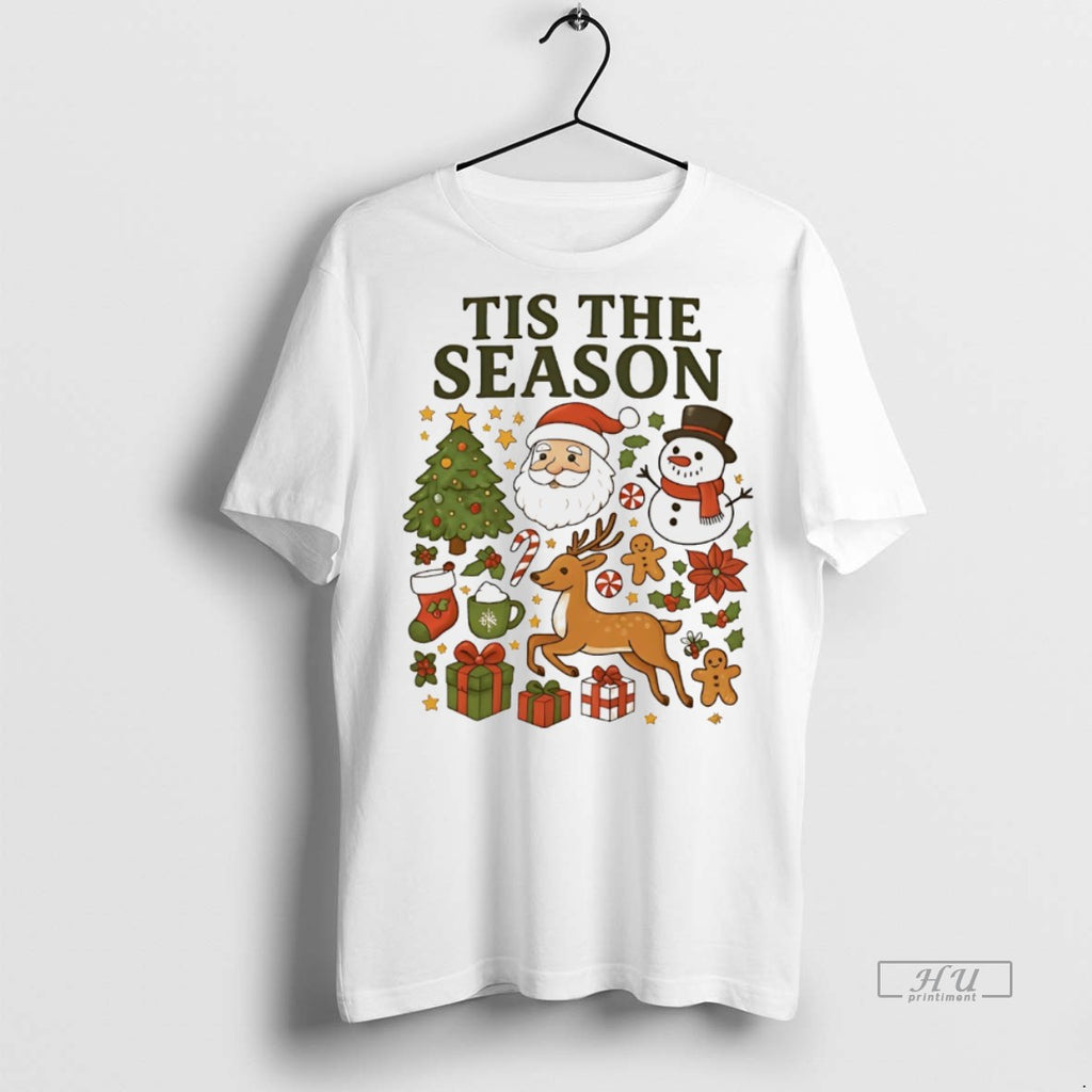 Officials Tis The Season Christmas Icons Santa Snowman Reindeer White Tee Shirt Sweater