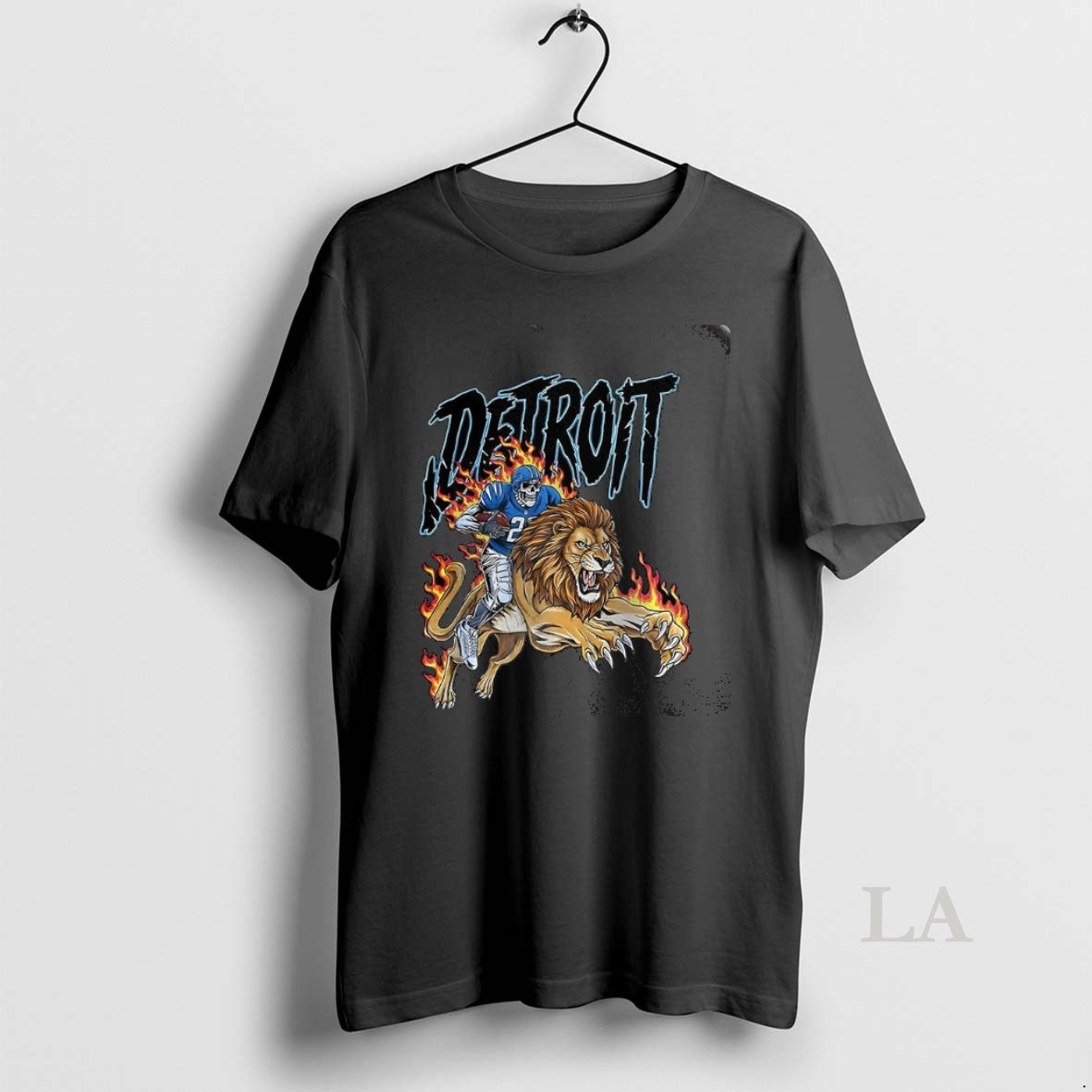 Original Detroit Lions Football Skeleton Riding A Burning Lion