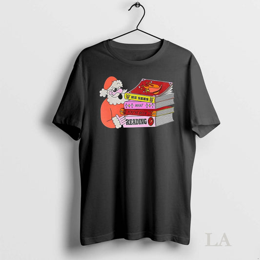 Original Santa He Sees What Youve Been Reading Christmas Tee Sweater