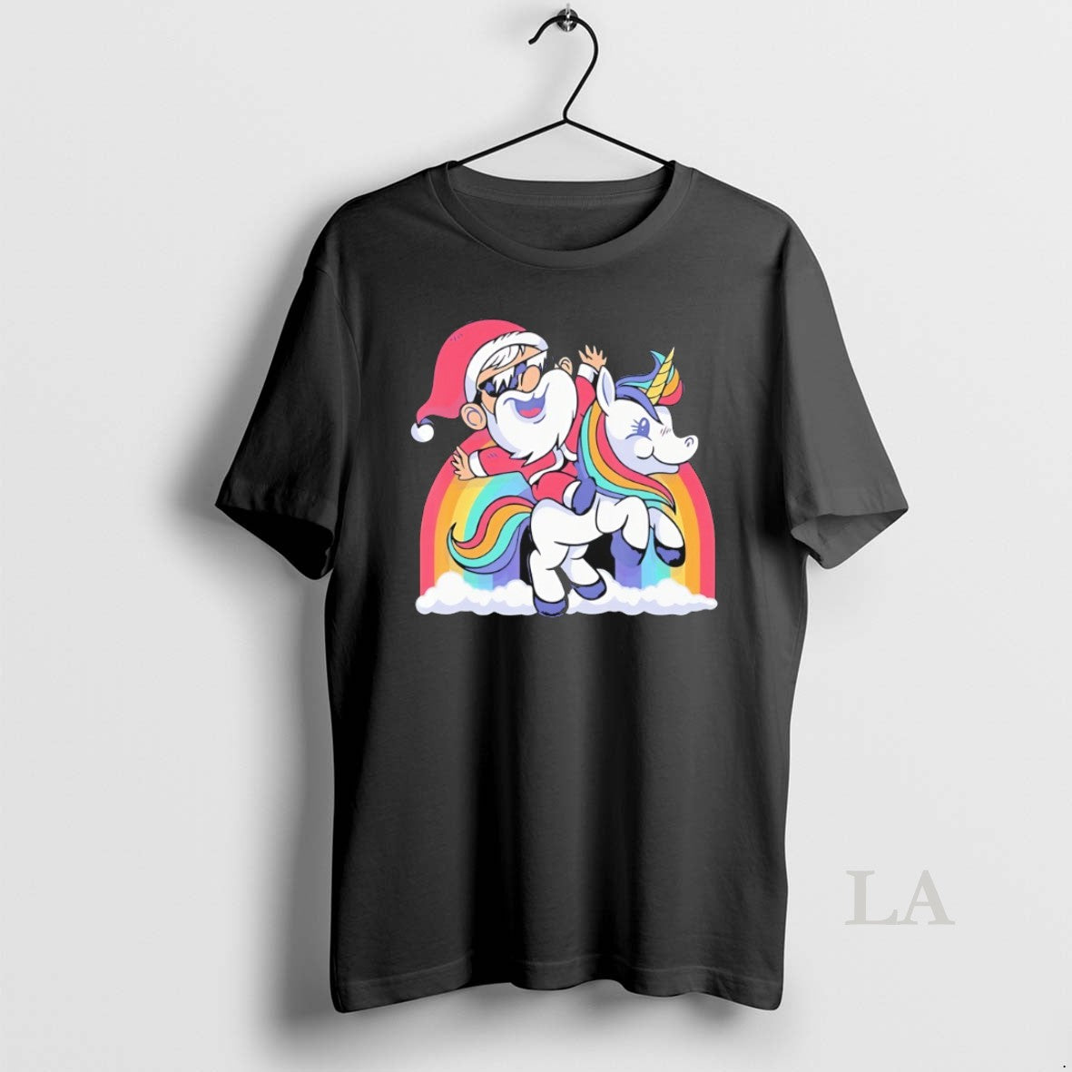 Original Santa Riding Unicorn Rainbow Clouds Christmas
