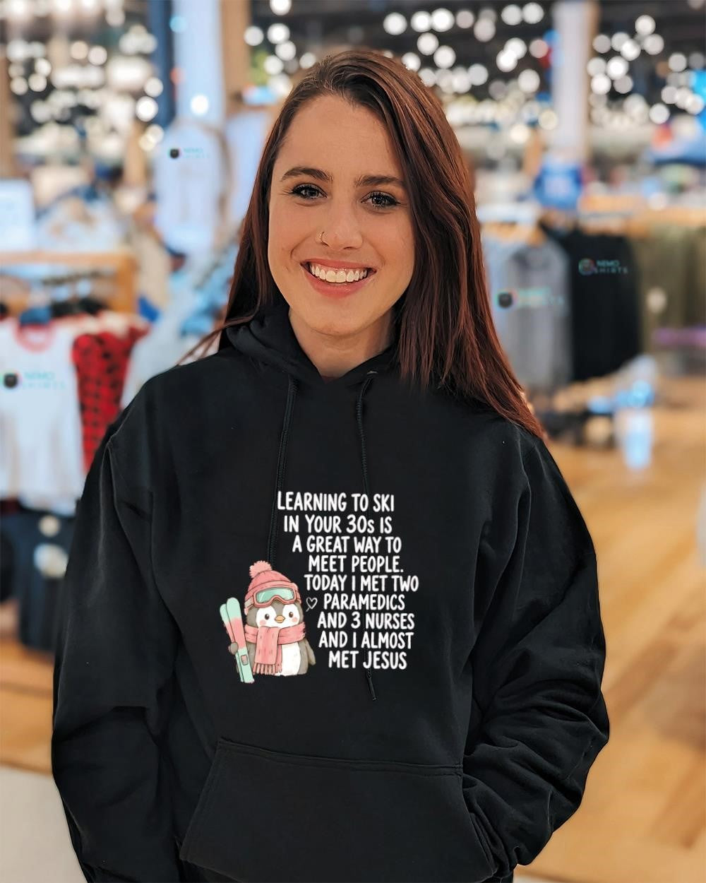 Penguin learning to ski in your 30s is a great way to meet people I almost met Jesus shirt