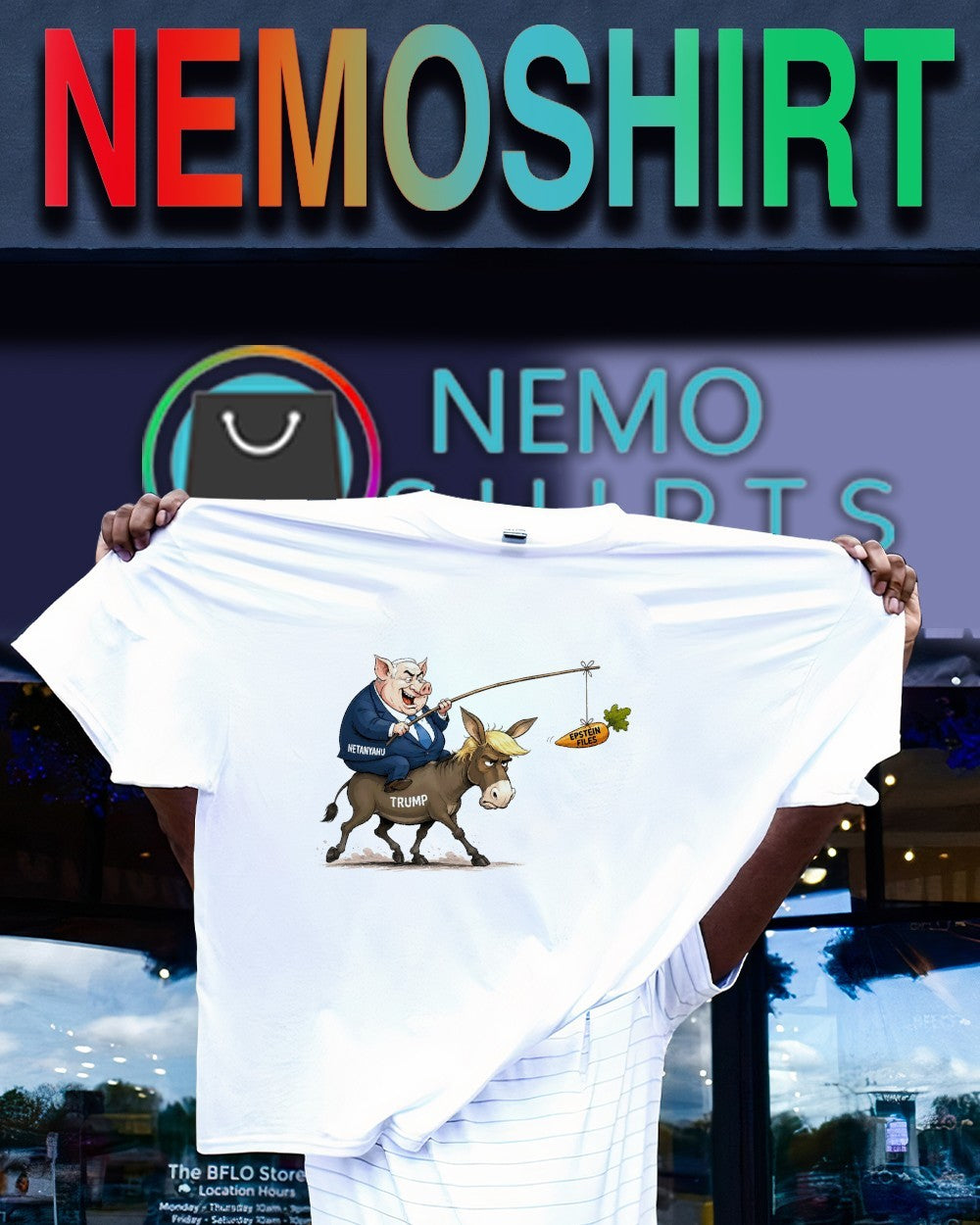 Pig Netanyahu riding donkey Trump carrot Epstein files shirt