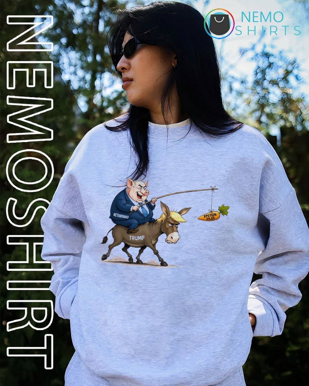 Pig Netanyahu riding donkey Trump carrot Epstein files shirt