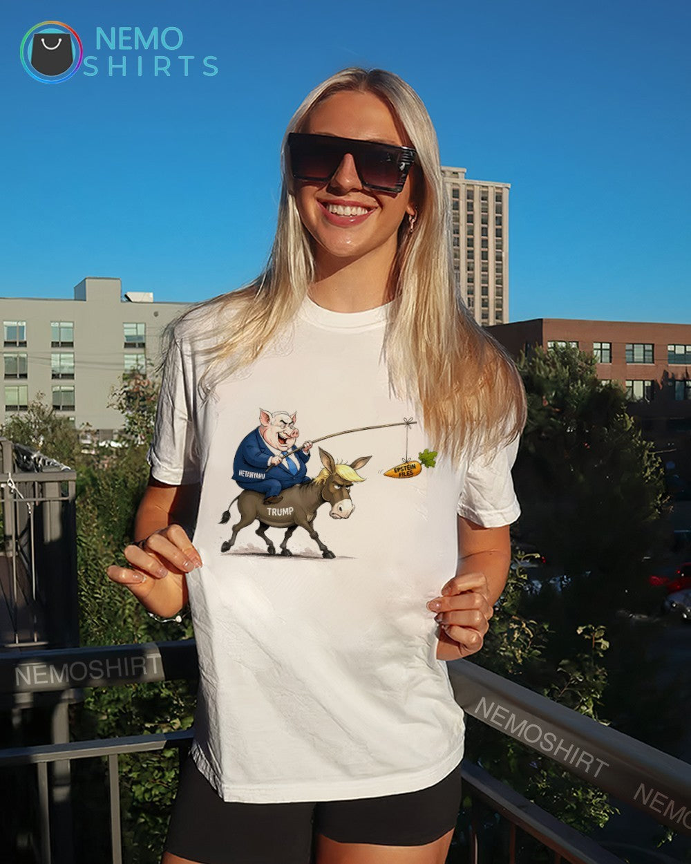 Pig Netanyahu riding donkey Trump carrot Epstein files shirt