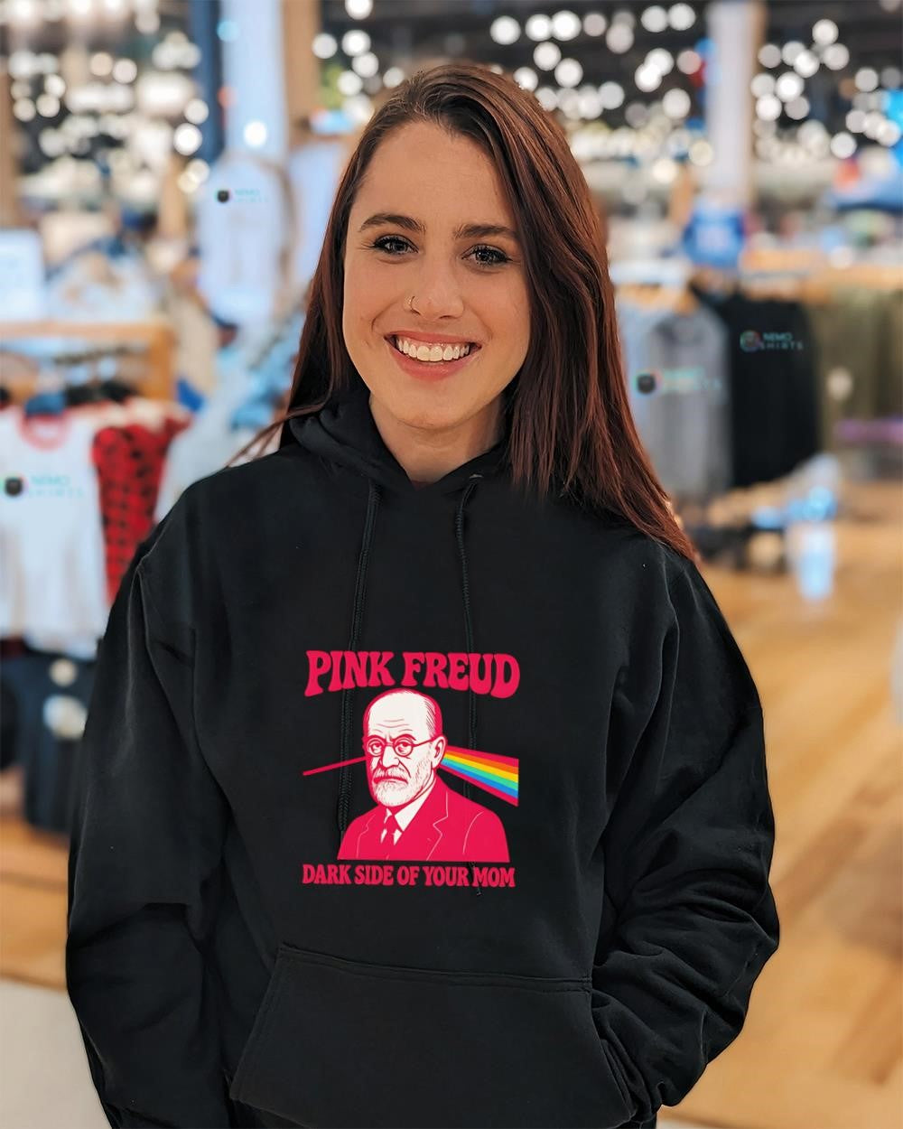 Pink Freud dark side of your mom humour graphic parodying shirt