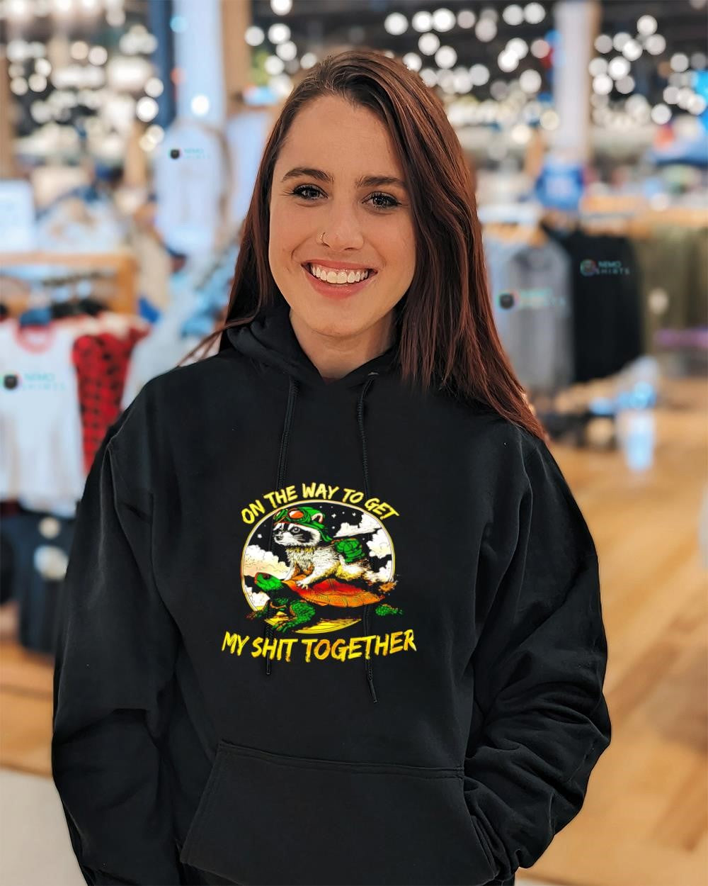 Raccoon riding turtle on the way to get my shit together shirt