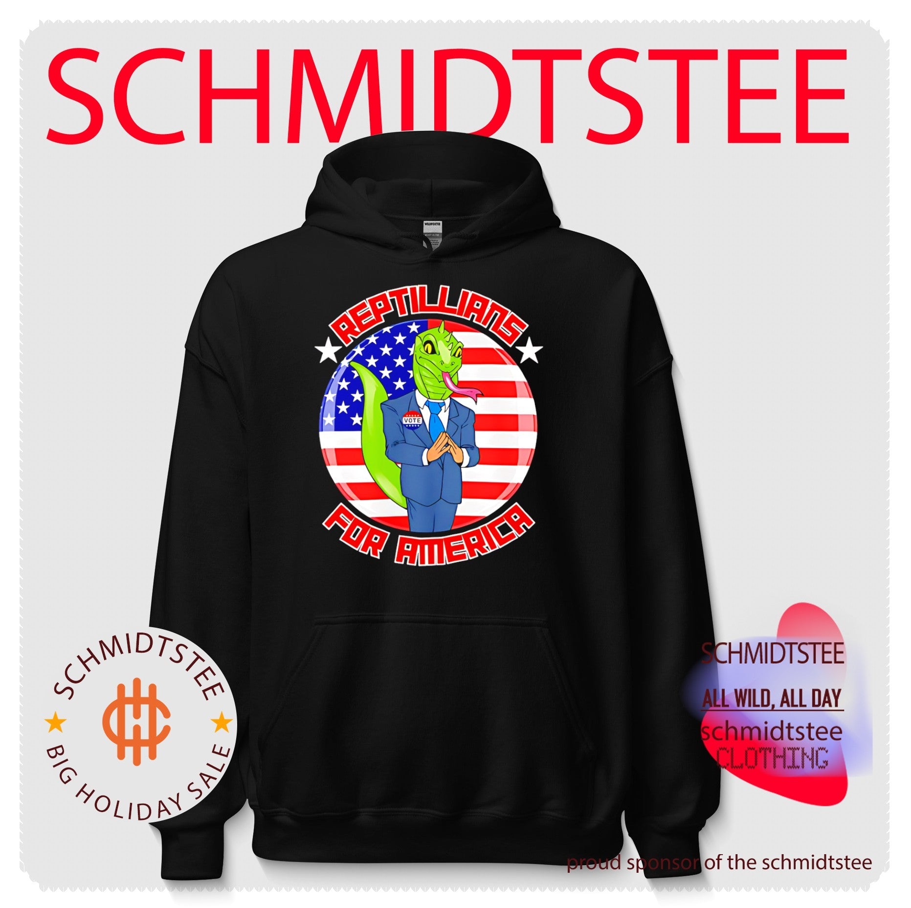 Reptillians for America with flag and lizard in suit shirt