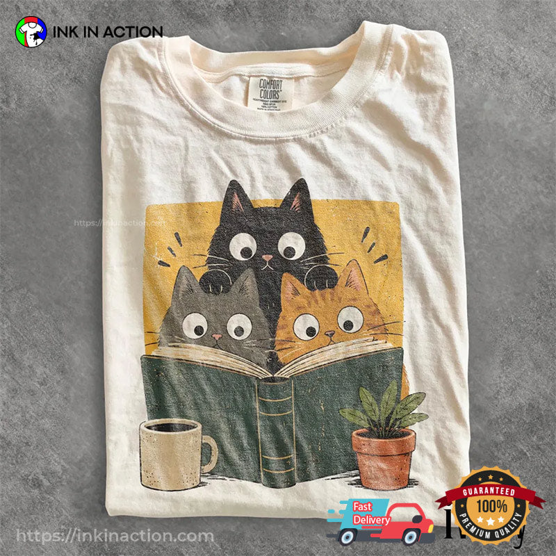 Retro Curious Reading Cats Anime Style Comfort Colors Shirt