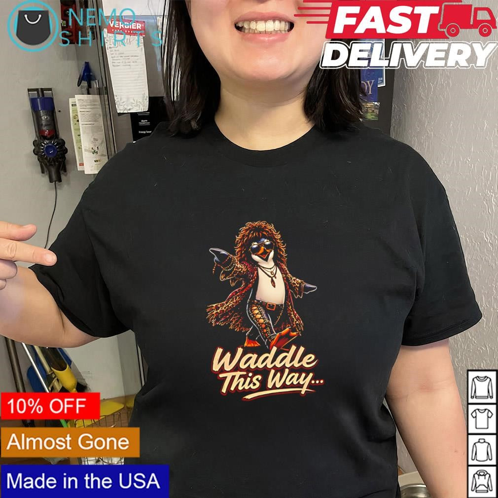 Rock Penguin waddle this way parody graphic shirt