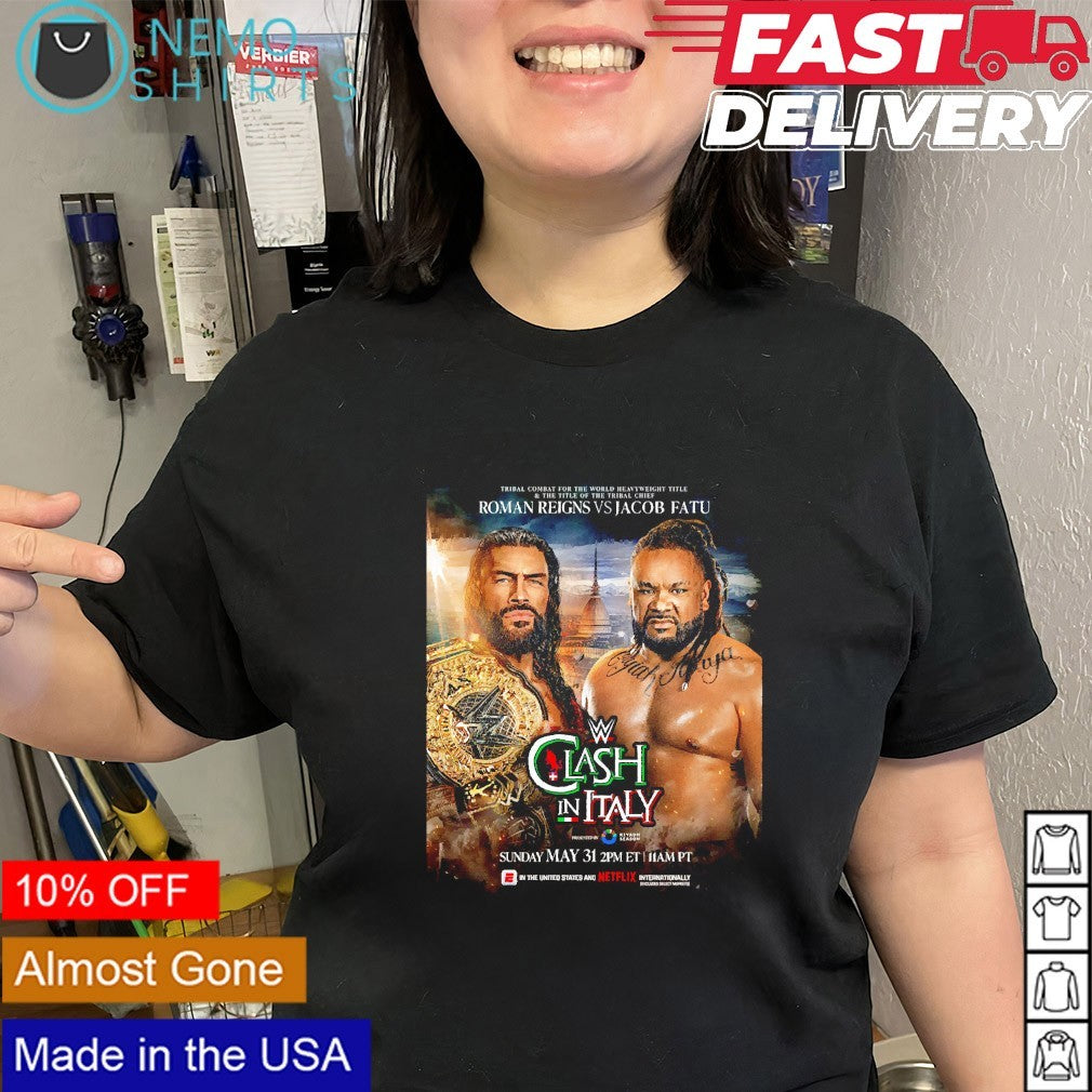 Roman Reigns vs Jacob Fatu WWE World Heavyweight Clash in Italy shirt