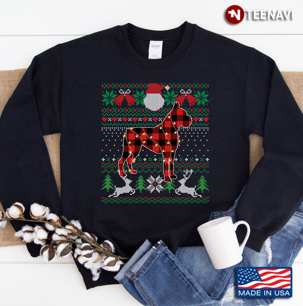 Funny Red Plaid Boxer Ugly Sweater Xmas Lights Gifts Dog Sweatshirt