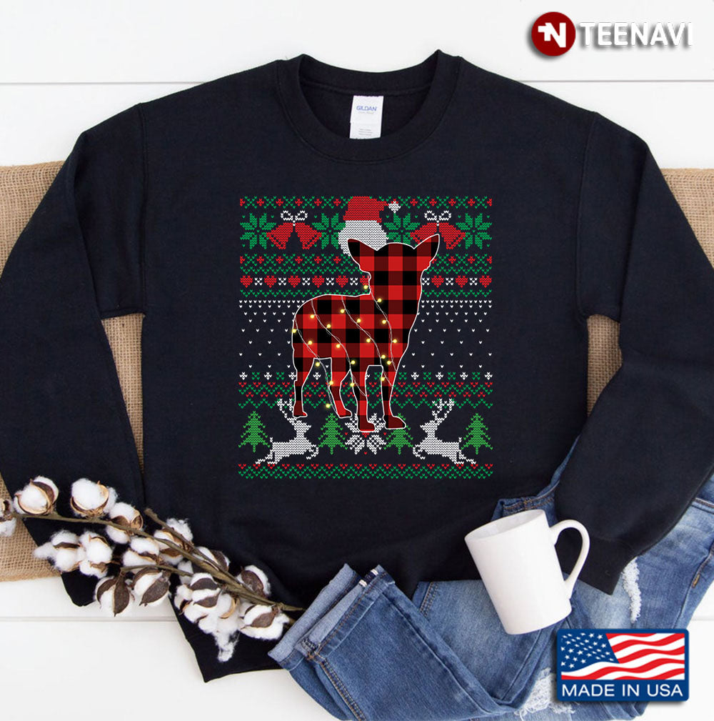 Funny Red Plaid Chihuahua Ugly Sweater Xmas Lights Gifts Dog Sweatshirt