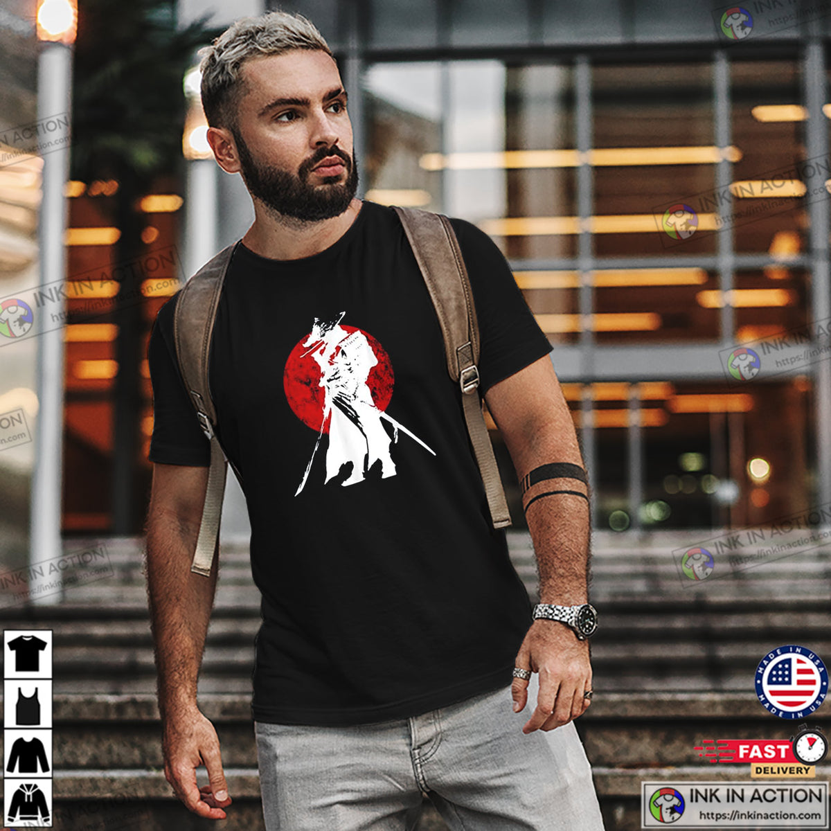 Samurai Warrior Sword Bloody Moon Retro Japanese T-shirt
