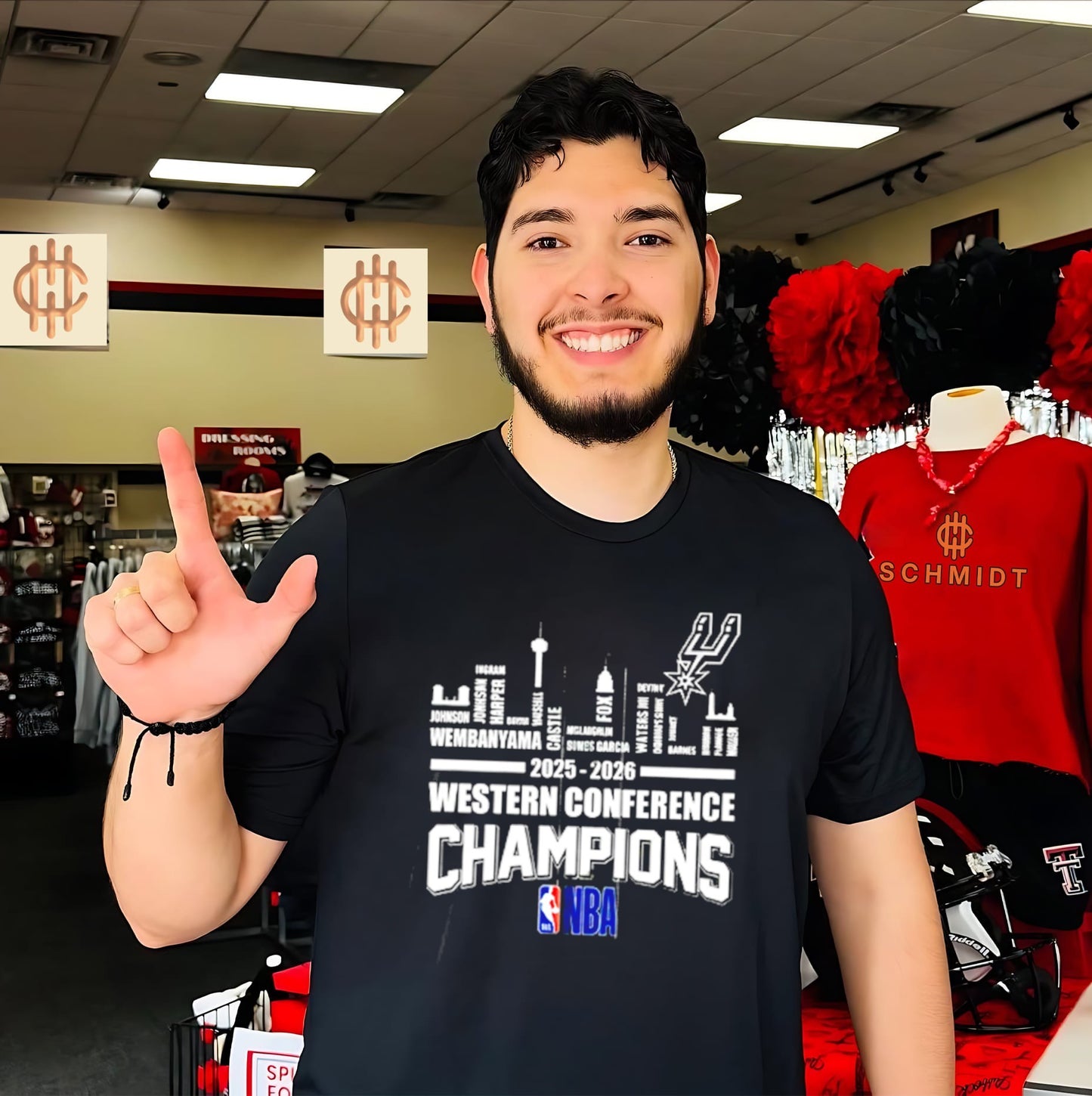 San Antonio Spurs 2025-26 NBA Finals Western Conference Champions player name skyline shirt