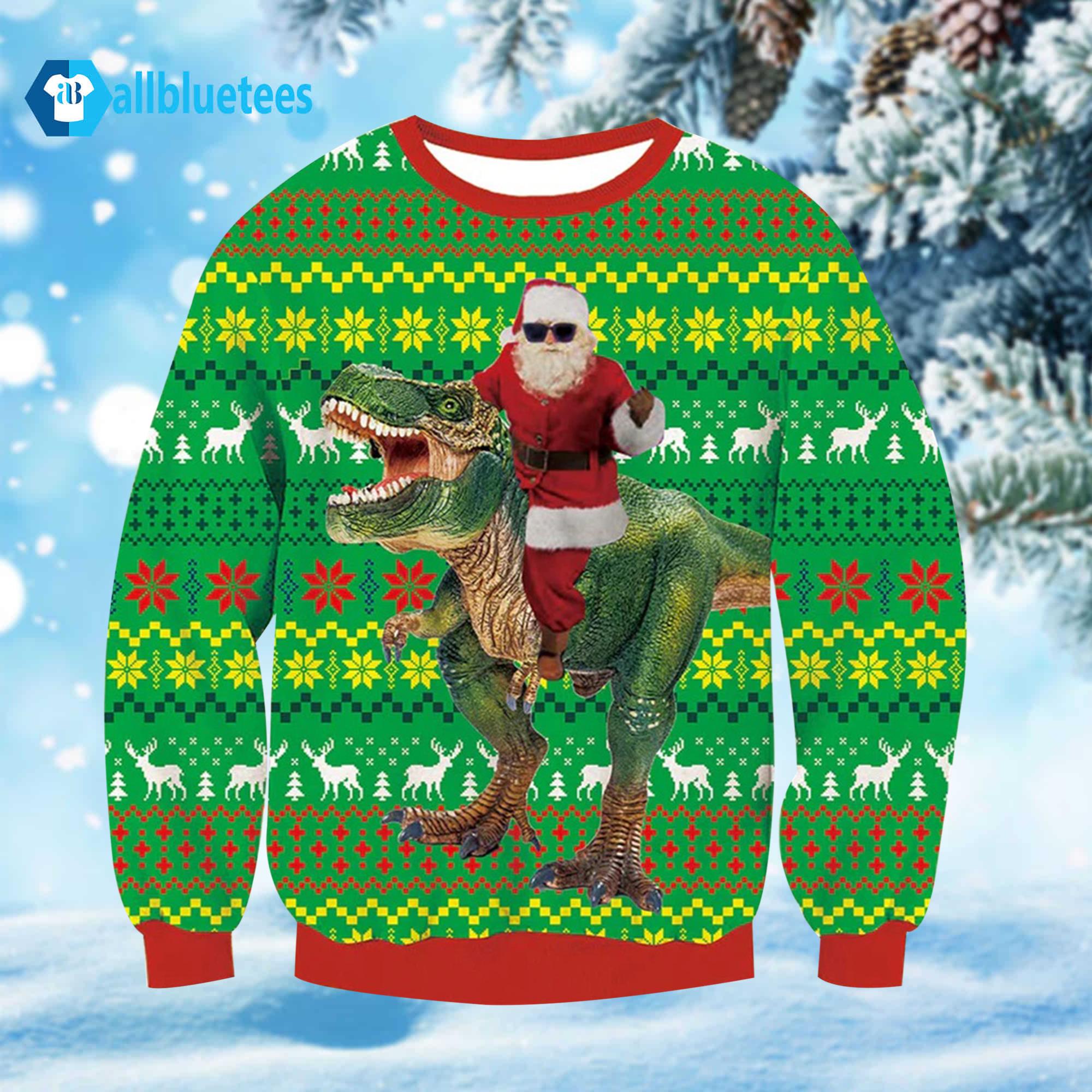 Santa Riding Trex Ugly Christmas Sweater