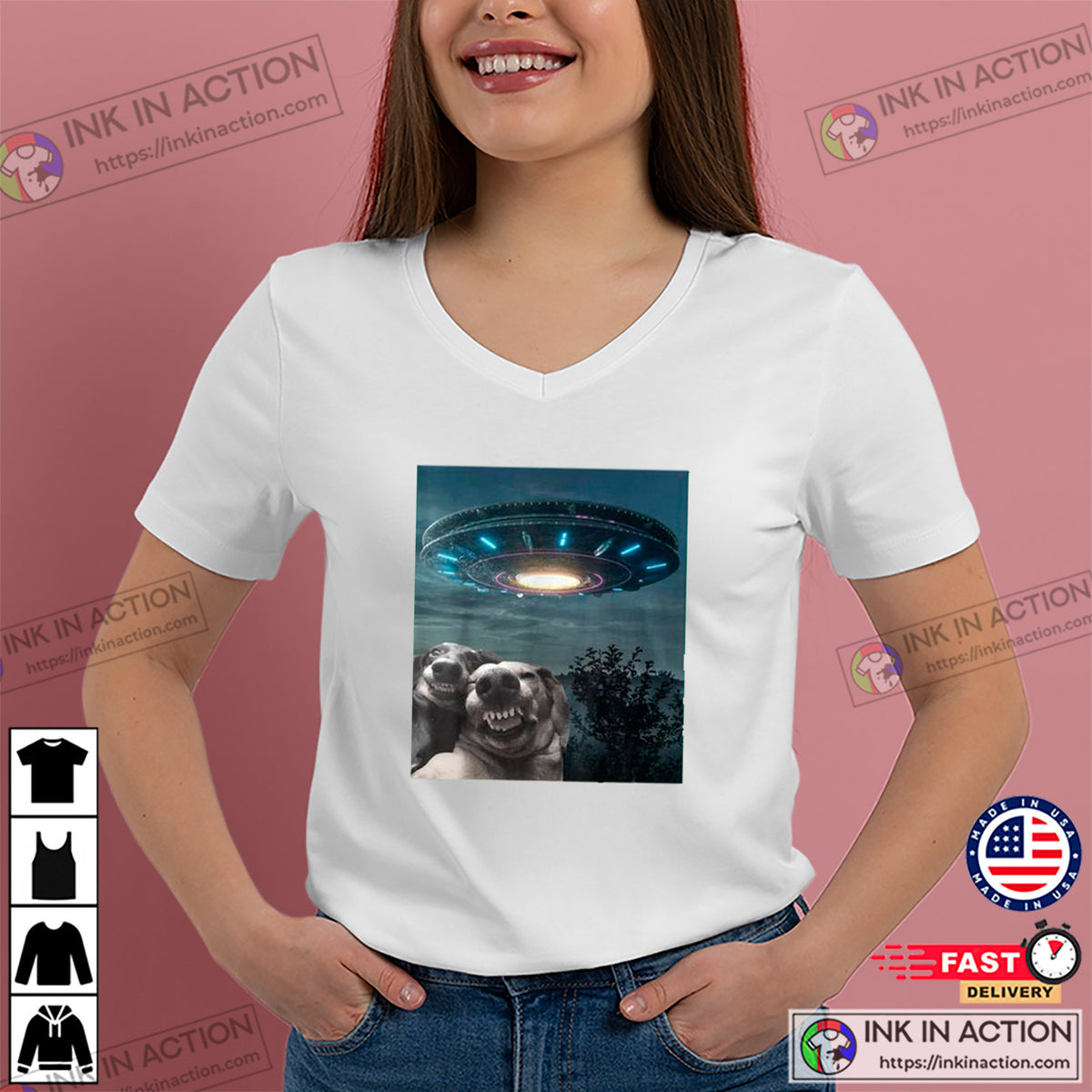 Selfie Dogs With Alien UFO Funny T-shirt