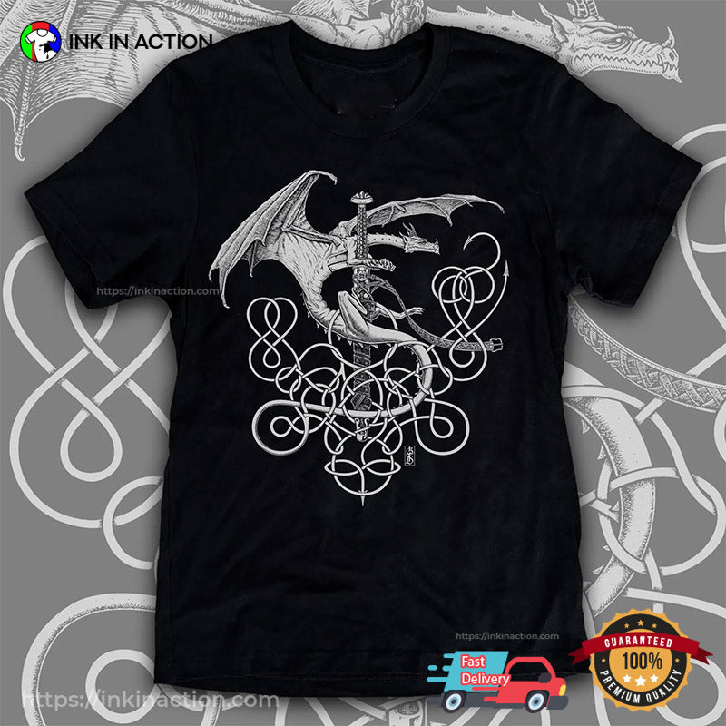 Silver Dragon Celtic Norse Medieval Fantasy Art T-shirt