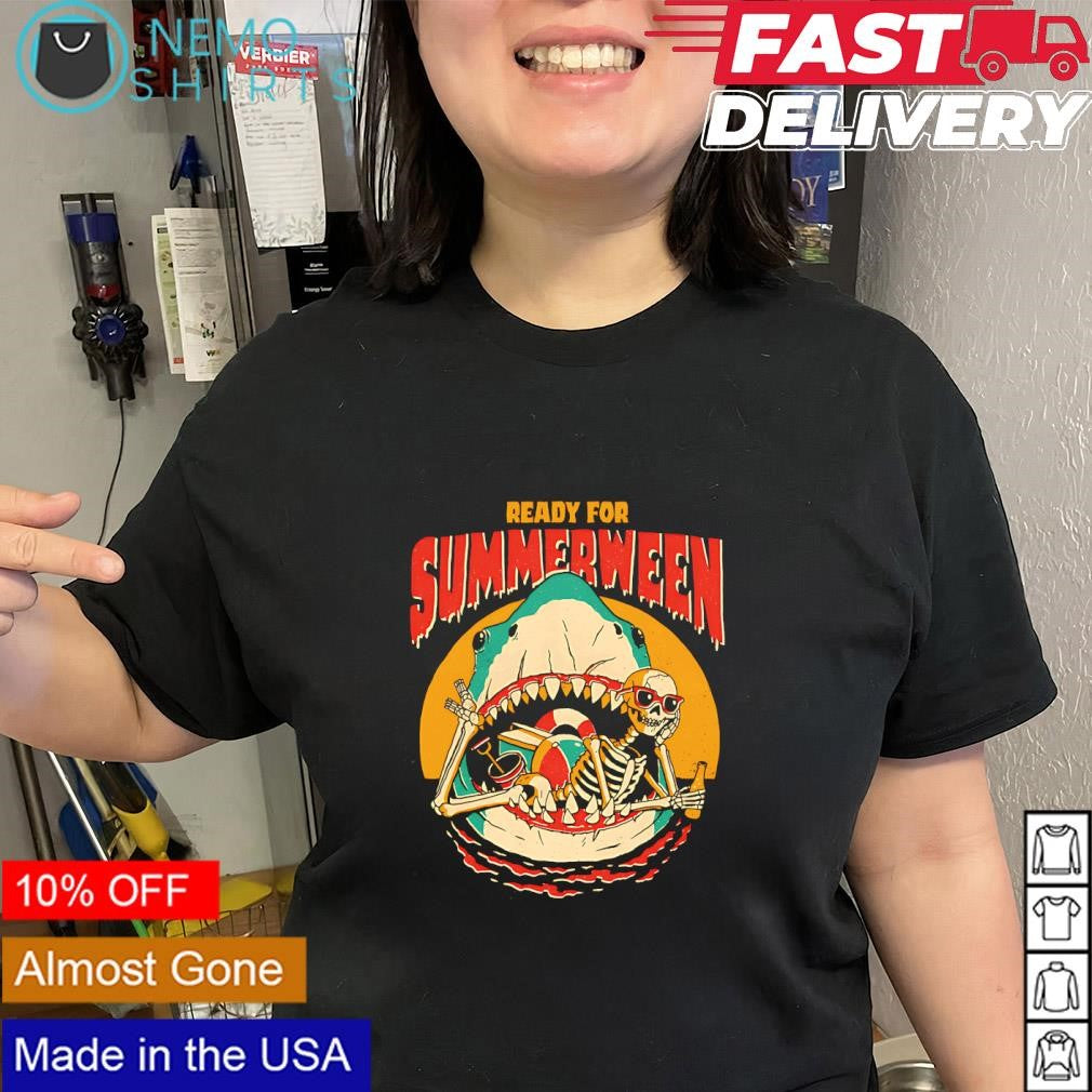 Skeleton lounging inside shark’s mouth ready for summerwen shirt
