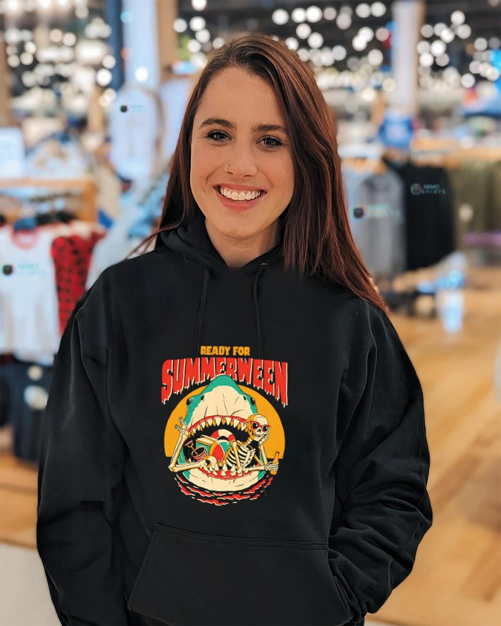 Skeleton lounging inside shark’s mouth ready for summerwen shirt