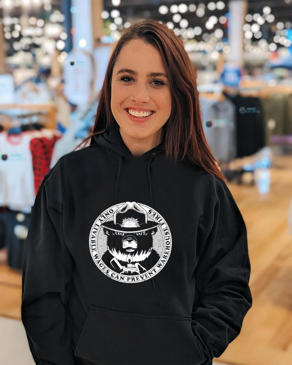 Smokey Bear mascot only livable wages can prevent warehouse fires shirt