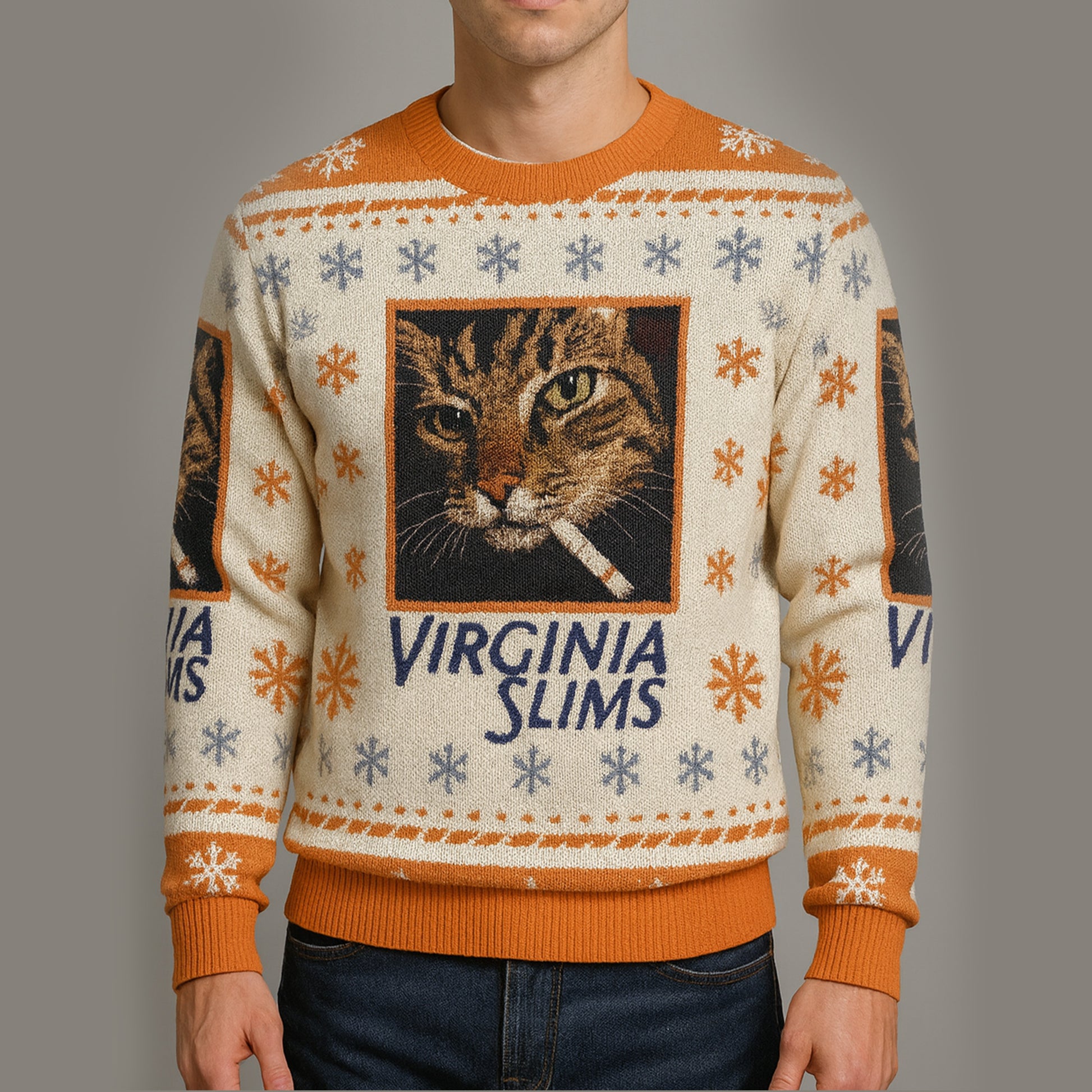 Smoking Cat Virginia Slims Funny Ugly Christmas Sweater