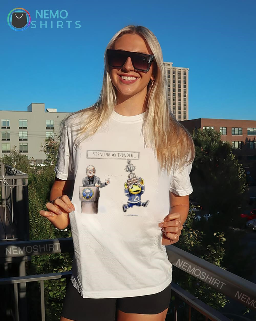 Stealing his Thunder Buffalo Sabres vs Tampa Bay Lightning mascot stealing Coach of the Year shirt
