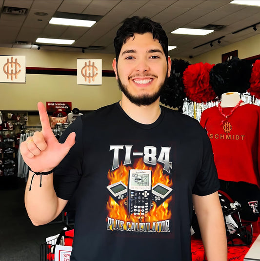 TI-84 Plus calculator with flaming calculator graphic shirt