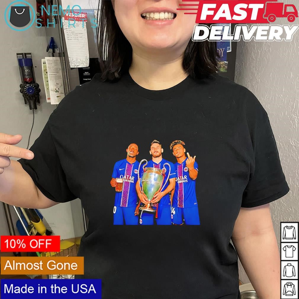 Three Paris Saint-Germain players Champions League trophy shirt