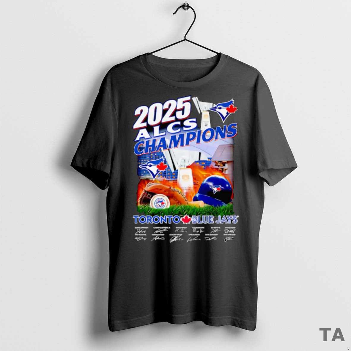 Top 2025 Alcs Champions Toronto Blue Jays Fire Helmet Signatures T Shirt Sweater