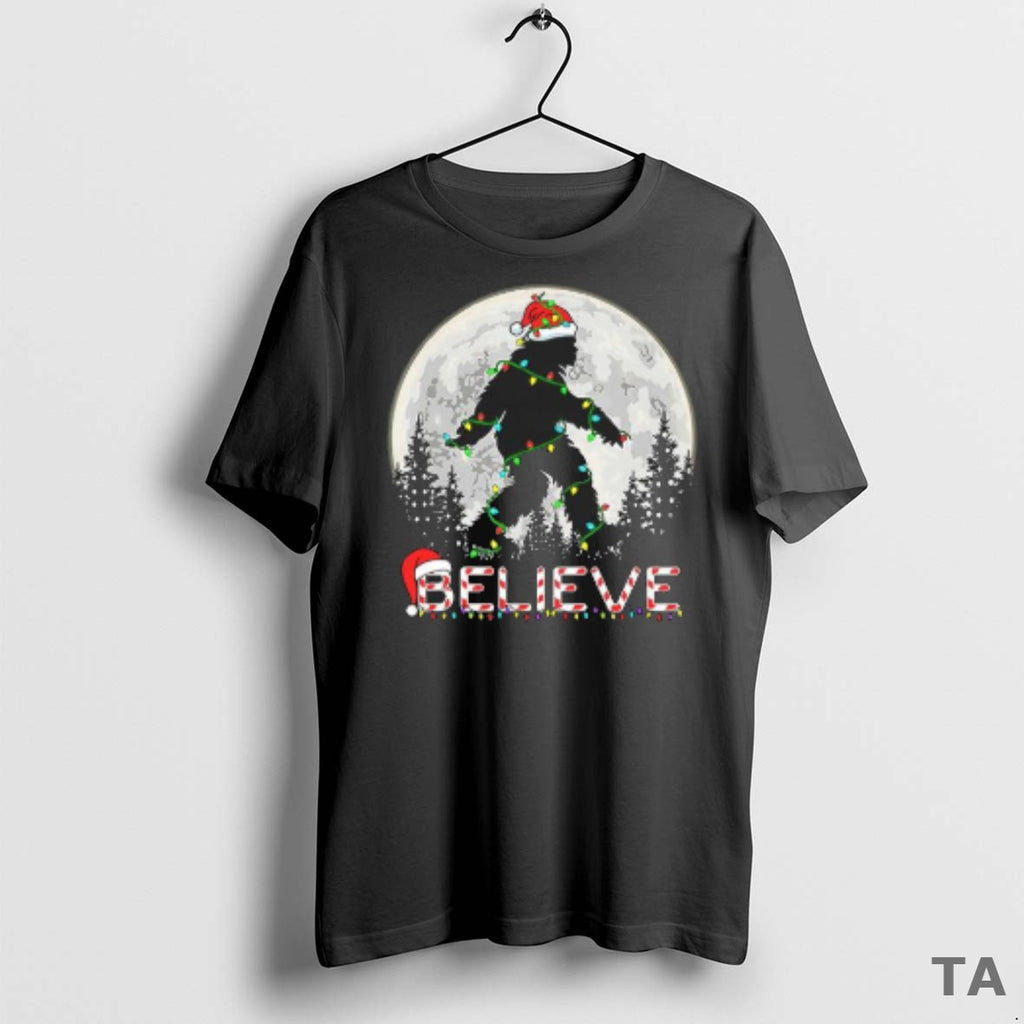 Top Believe Bigfoot Christmas Lights Design T Shirt Sweater
