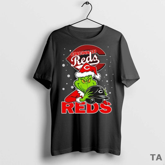 Top Cincinnati Reds Baseball Grinch Holding Helmet Christmas T Shirt Sweater