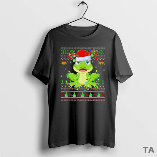 Top Frog Hat Santa Ugly Christmas Black T Shirt Sweater