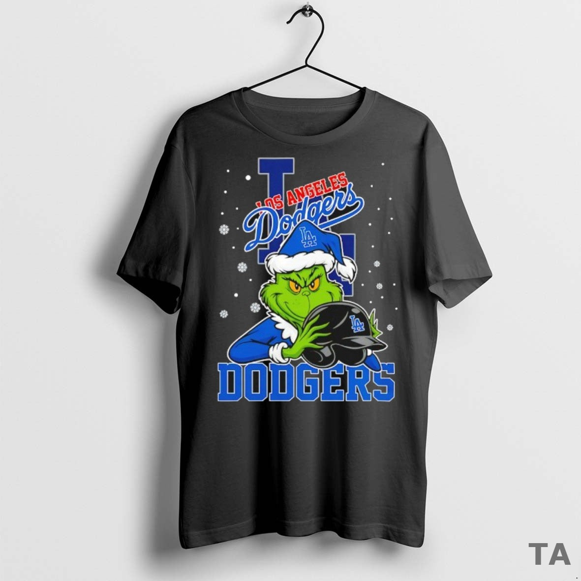 Top Los Angeles Dodgers Baseball Grinch Holding Helmet Christmas T Shirt Sweater