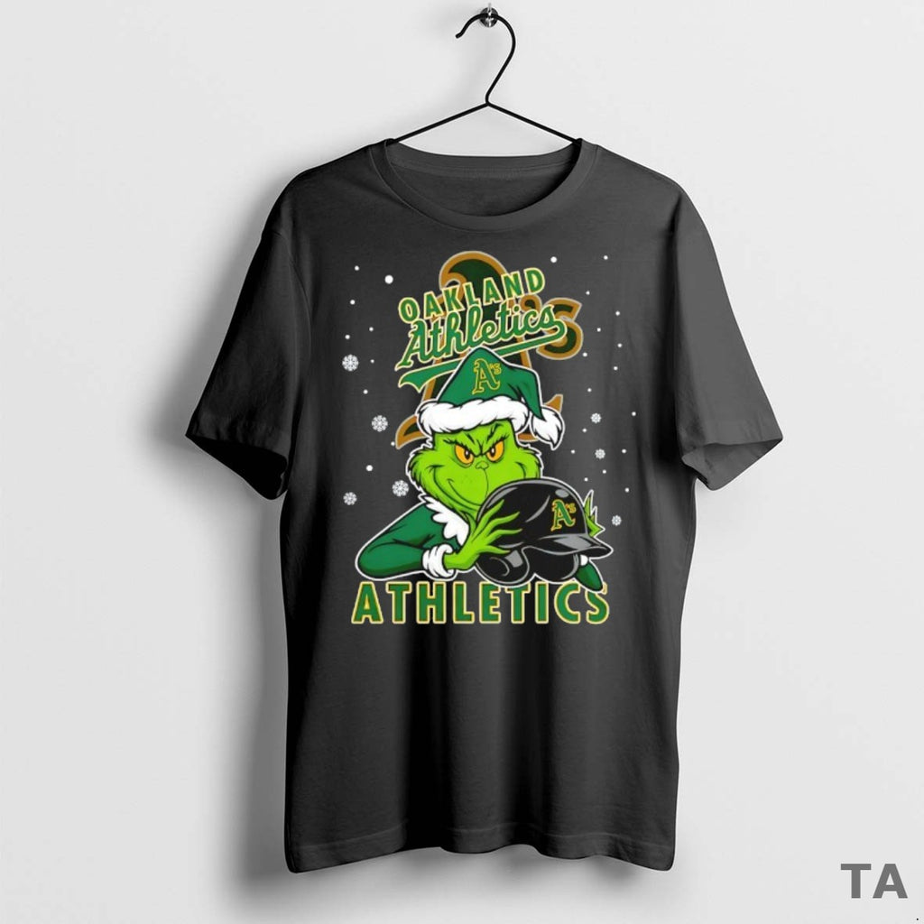 Top Oakland Athletics Baseball Grinch Holding Helmet Christmas T Shirt Sweater