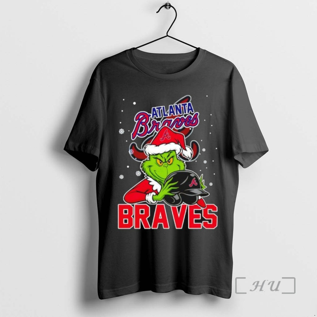 Trending Atlanta Braves Baseball Grinch Holding Helmet Christmas Tee Shirts Sweater