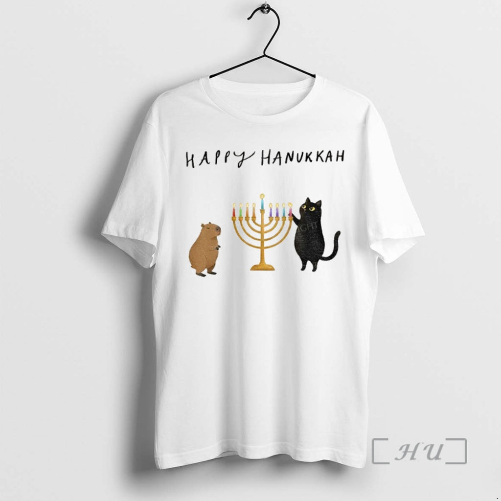 Trending Capybara And Black Cat Light Hanukkah Candles Happy Chrismukkah Christmas Premium T Shirt Sweater