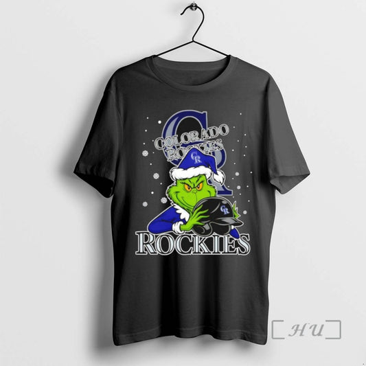 Trending Colorado Rockies Baseball Grinch Holding Helmet Christmas Tee Shirts Sweater
