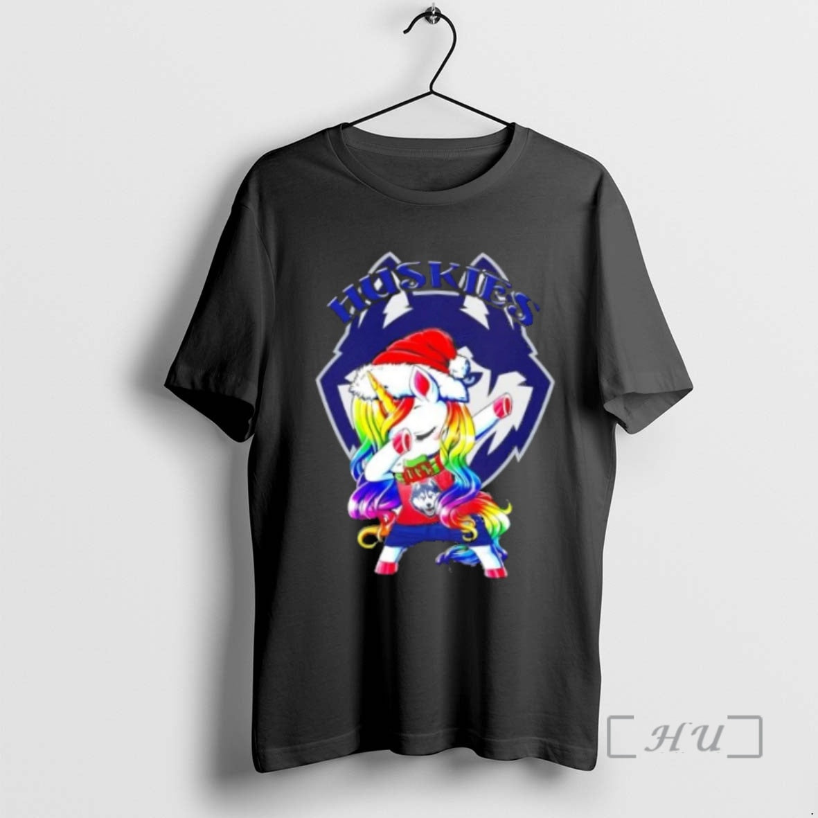 Trending Connecticut Huskies Football X Unicorn Santa Hat Dabbing Merry Christmas Premium T Shirt Sweater