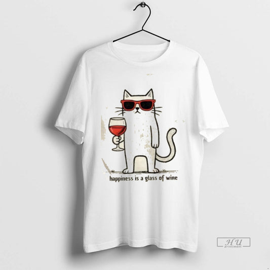 Trending Cool Cat Happiness Is A Glass Of Wine Graphic Tee Shirt Sweater